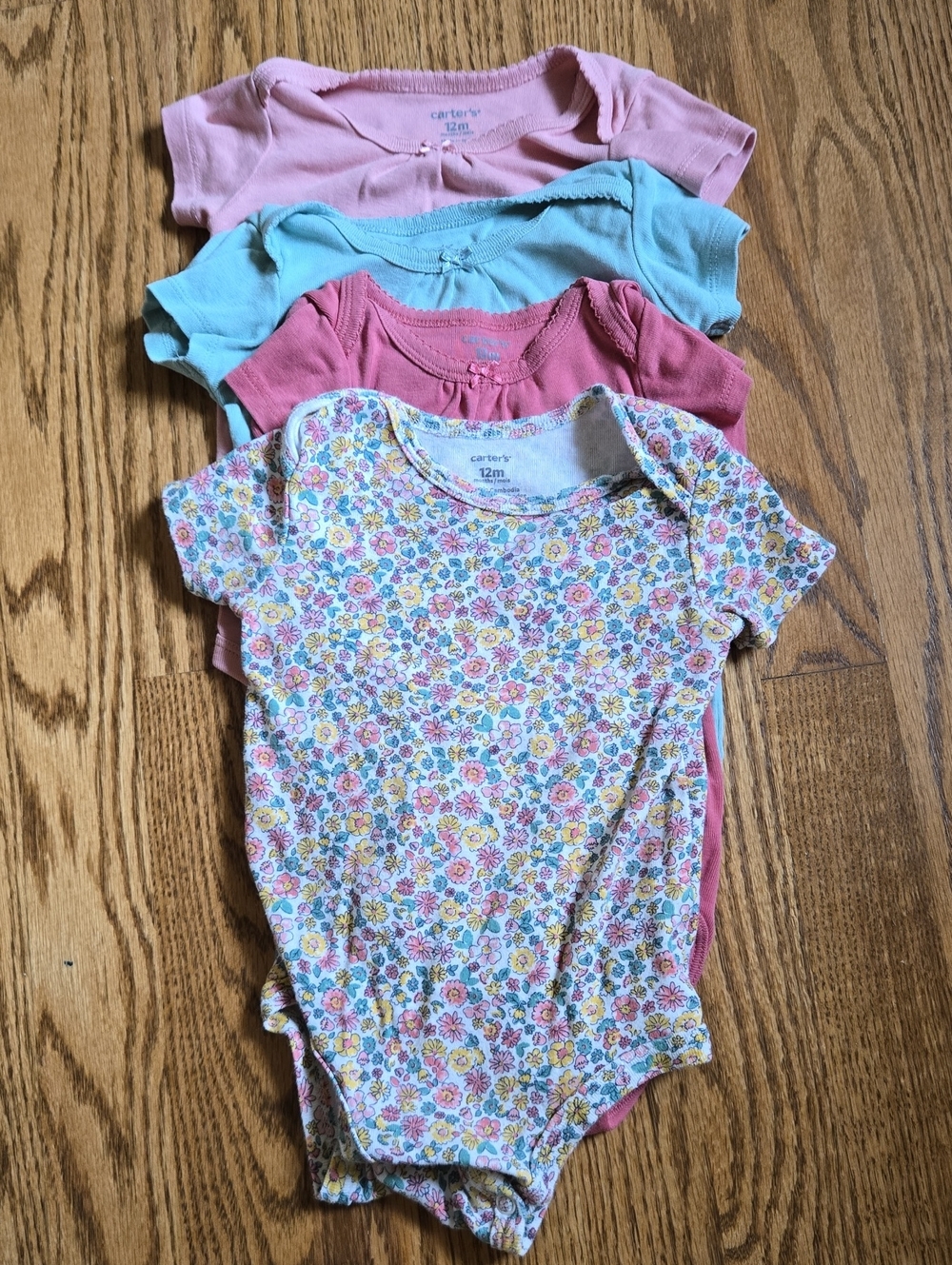 Carter's Pink, Aqua, Rose & Floral Short-Sleeve Bodysuit Set, Size 12M